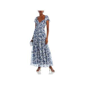 AQUA Flutter Sleeve Tiered Maxi Dress Women's Navy/White Floral Cutout Zip Up